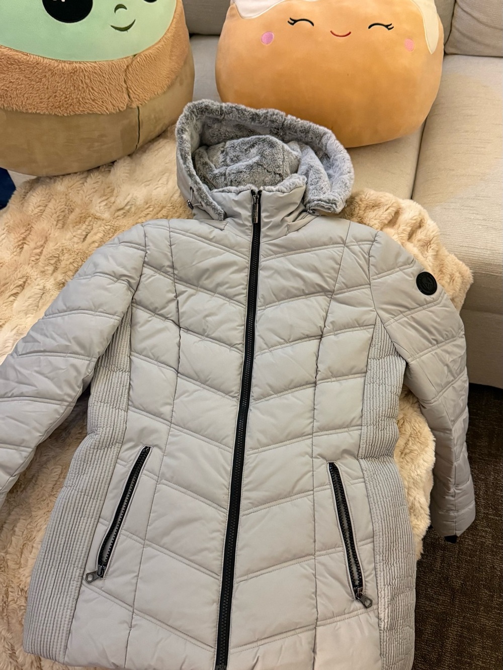 Nautica Light Gray Quilted Puffer Coat with Hood